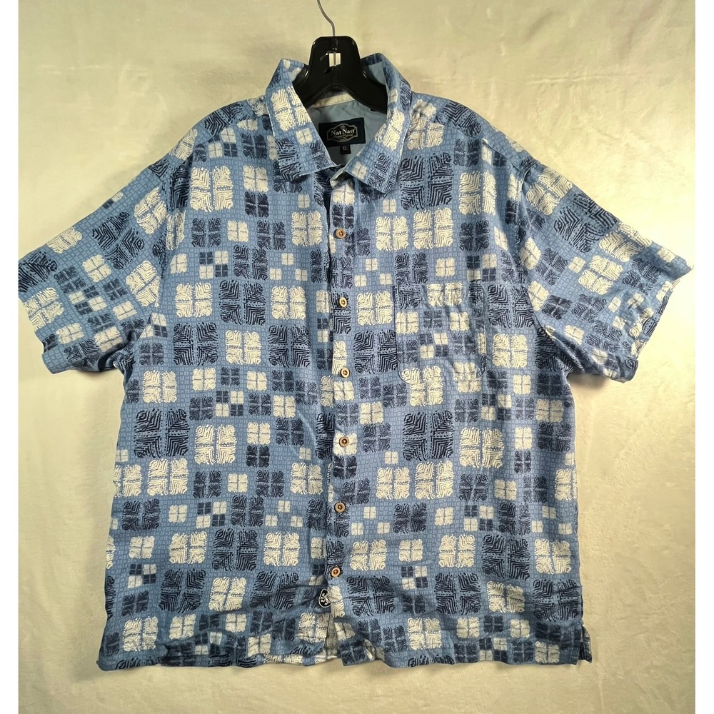 Nat Nast Luxury Originals Mens XL Blue Silk Cotton Geometric Short Sleeve Shirt